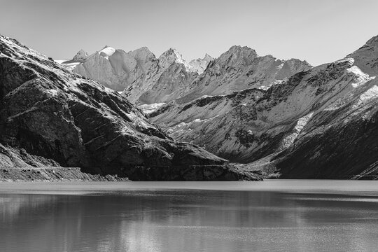 Moiry reservoir, black and white photograph, near Grimentz, Val d'Anniviers, Valais Alps, Canton Valais, Switzerland