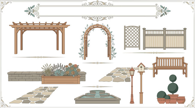 Garden Landscape Design Elements Collection with Pergola Arch Trellis Fence Bench Fountain Pathway and Decorative Outdoor Vector Set