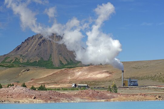 Geothermal lake and steam of a diatomaceous earth plant, volcano, Myvatn, Iceland