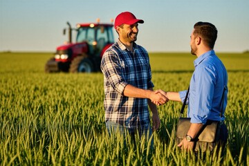 Fototapeta na wymiar Happy farmer wearing plaid shirt shakes hand with insurance consultant in green wheat field during sunset. Pro man in blue shirt meets agronomist near farm tractor for business agreement. Successful