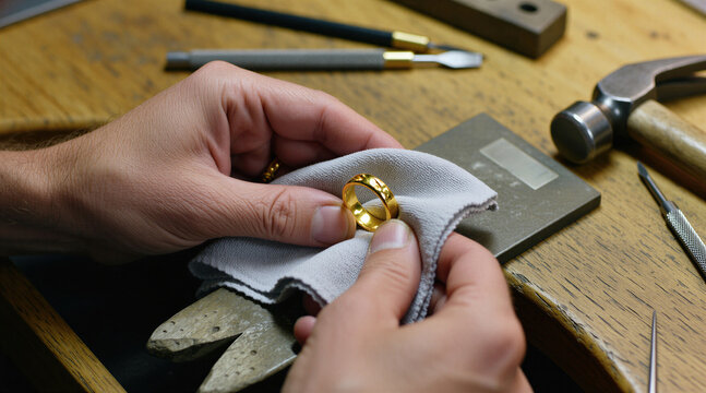 Goldsmith hands polish golden ring on wooden table. Jeweler uses cloth for shine. Tools like hammer, anvil, scraper visible. Craftsmanship and precision detail.