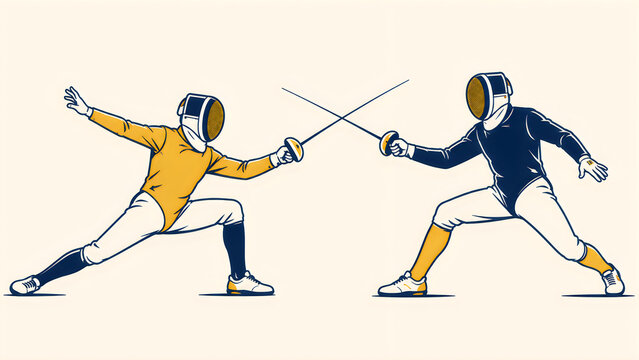 Dynamic Fencing Duel Illustration featuring two athletes in yellow and blue gear engaged in a sword fight on a clean white background, ideal for sports blogs and athletic
        ...