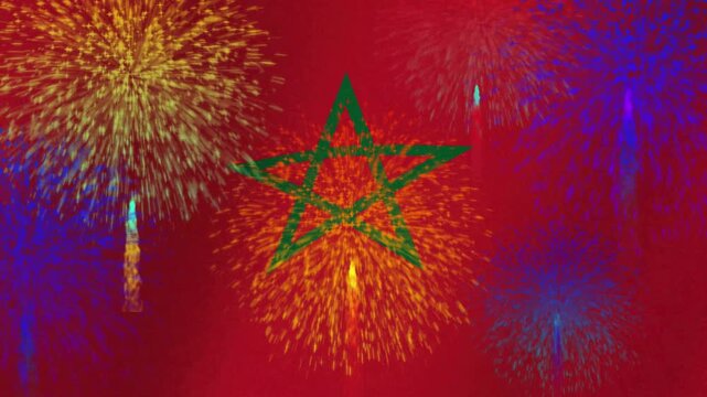 Close up of the Moroccan flag with a green pentagram symbol on a red background, fabric texture