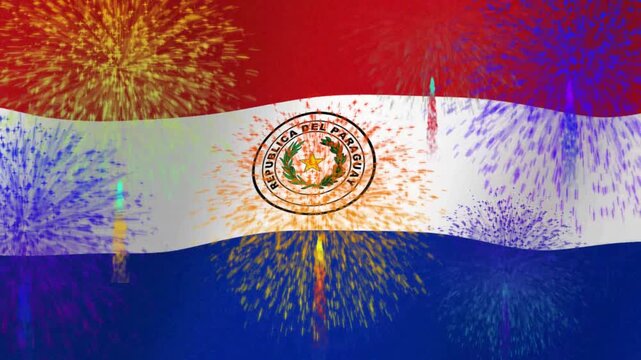 Waving Paraguayan flag with national coat of arms in the center, red white and blue stripes, fabric texture