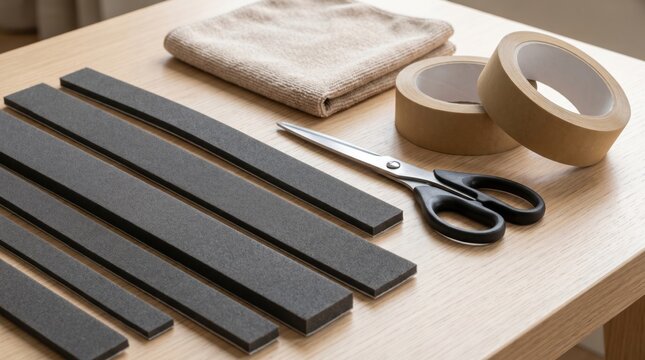 Rolls of brown tape gray foam weather stripping strips and scissors on a wooden table