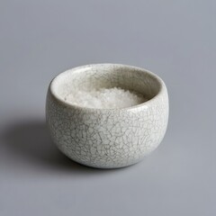 Fototapeta premium Stoneware ramekin dusted with sea salt on soft gray backdrop