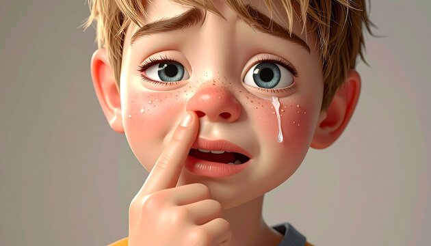A young boy with a tearful expression touches his nose