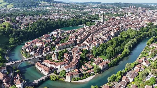 The Swiss town Bern center. - the capital of Switzerland in aerial view.  The old town is an Unesco heritage site.
