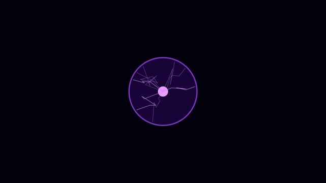 Abstract purple energy sphere with pulsing lightning effect and glowing core on dark animation 4k background