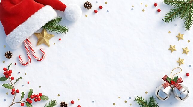 Christmas Frame Border with Santa Hat and Jingle Bells on Snow Background Banner