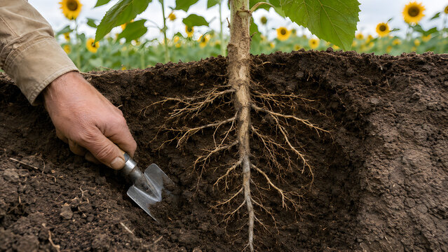 Field Sunflower Root Cross Section person using hand trowel digging hole exposing underground plant network in blooming crop rows suitable for agricultural science blogs farming manuals