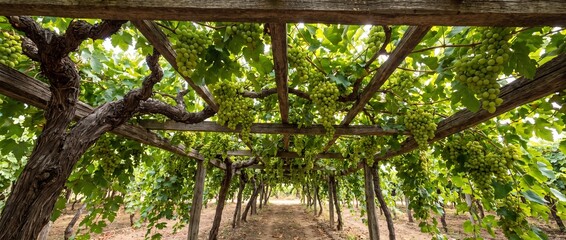 Fototapeta premium Rustic wooden pergola covered in lush green grapevines laden with ripening fruit clusters in a sunny vineyard during the peak of the growing season in late summer