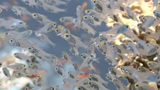 A mesmerizing collective of transparent glassfish shimmers brightly. Hundreds of tiny aquatic creatures gracefully navigate the sun-drenched coral reef environment.