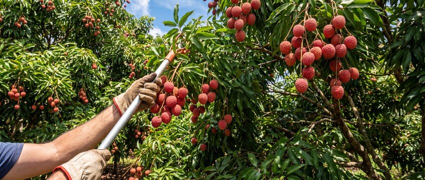 A person using a long pole to harvest ripe lychee fruit from a lush tree in an orchard under a bright sunny sky during the peak of the summer growing season with displays close perspective