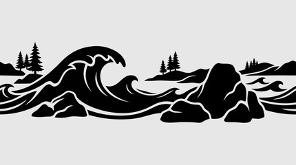 Stylized ocean wave and rocky shoreline © Stok