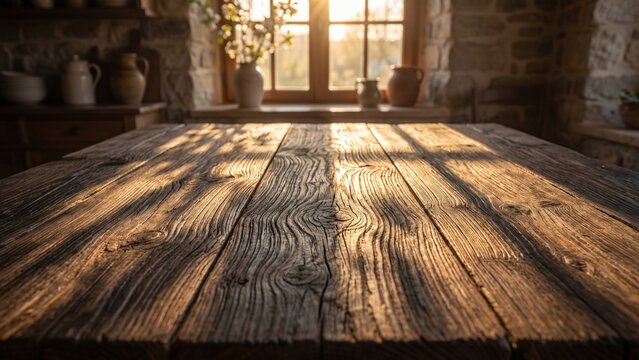 Rustic farmhouse wooden tabletop with warm natural light and authentic oak texture. Cozy food photography background designed for organic products, homemade recipes, restaurant promotions.
