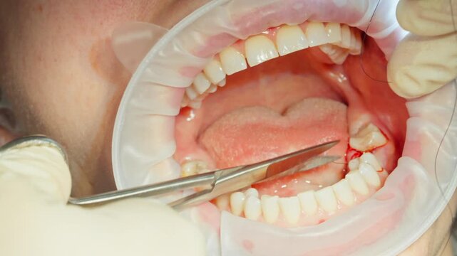 Close up a qualified dental surgeon stitches the gum with sterile threads after installing a dental implant bode, which is screwed into the bone jaw