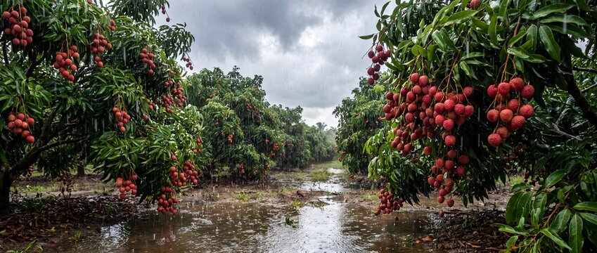 Abundant lychee orchard harvest during heavy tropical rainfall with red ripe fruit clusters hanging from lush green trees in a flooded agricultural plantation field