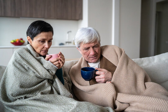 Sad senior man woman suffering from flu, sitting on couch covered in plaids drink hot tea, elderly male and female partners cope with weakness during illness, seasonal cold and high temperature