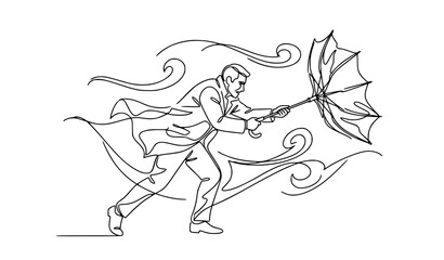 Obraz premium Continuous One Line Drawing of Man with Umbrella Battling Hurricane Wind Minimalist Vector Illustration
