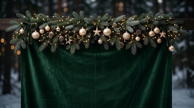 Merry christmas evergreen garland with gold ornaments and lights holiday decor