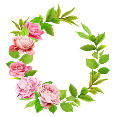 Fototapeta premium Pink roses and green leaves forming a circular floral wreath frame with empty space in the center for text or design decorative border transparent background