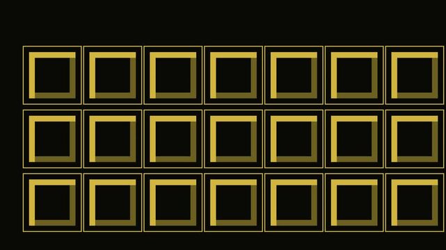 Gold glowing square frames grid animation on 4k black background