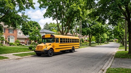 Obraz premium Yellow school bus parked on a tree lined suburban street with houses and green lawns
