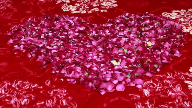 Heart shape made of red rose petals on patterned velvet fabric background for valentine day with heart arrangement scattered petals textured