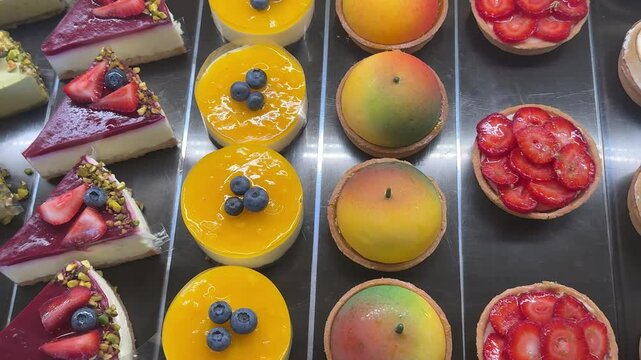 French desserts displayed in pastry showcase with strawberry cakes fruit mousse pastries colorful meringue and elegant handmade sweets in bakery display