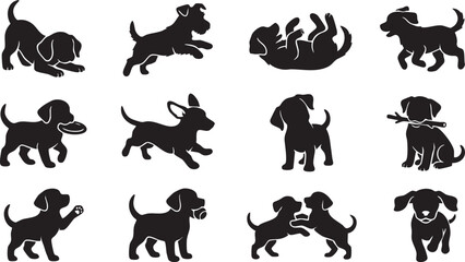 Obraz premium Dog Breed Silhouette Vector Set, Black Canine Pet Icon Collection, Domestic Dog Silhouettes Isolated on White Background