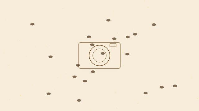 Minimalist camera animation with floating particles on beige 4k background, motion digital media