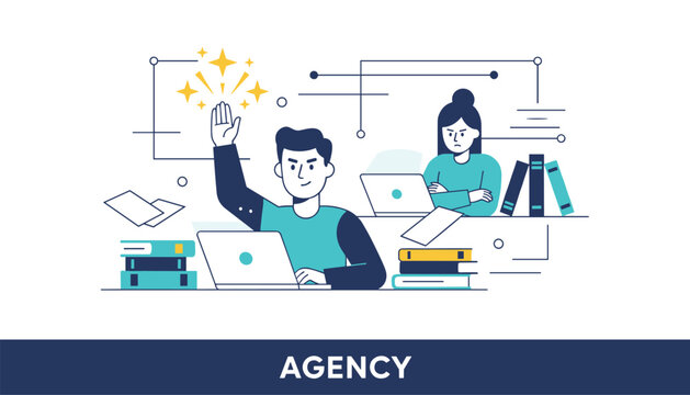 Confident employee raising hand at work desk to showcase agency and initiative in a competitive corporate office.