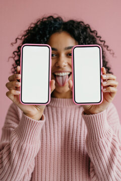 Young woman holds two smartphones with blank screens. She smiles with tongue out, wearing pink sweater against pink backdrop. Ready for app promotion.