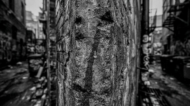Urban street with aged concrete pillars and graffiti details