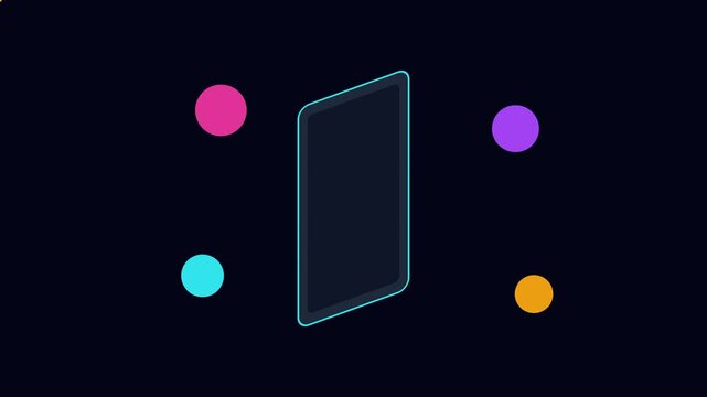 Minimalist isometric smartphone display with floating colorful orbs for tech presentation and digital marketing animation 4k background