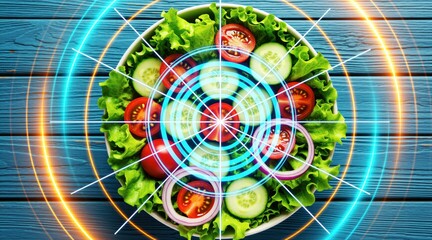 Naklejka premium Fresh vegetable salad bowl top view with neon digital scanning interface. Smart tech device analyzes nutritional value of organic lettuce tomatoes cucumber onions. Future food quality inspection