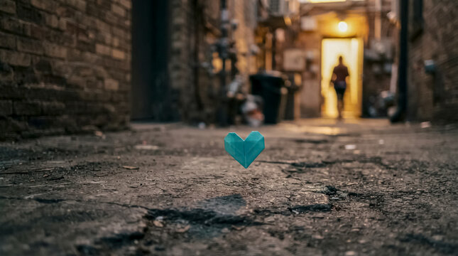 Teal Heart on Urban Cobblestone Alleyway with Silhouette