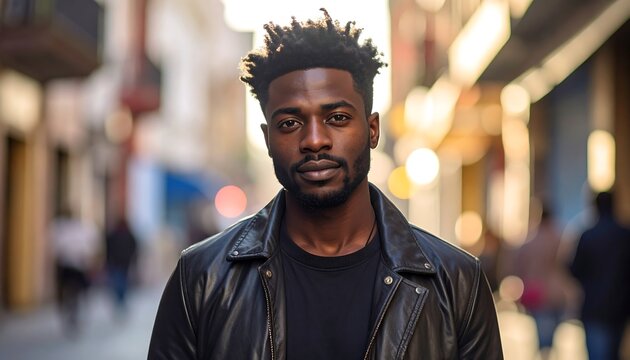 A young man with dark skin and short hair wearing a black leather jacket stands on a blurred city street