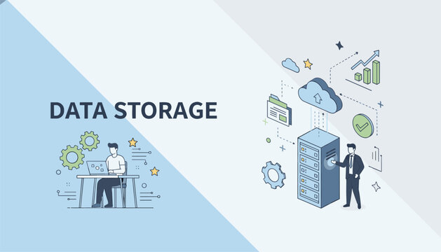 IT professional managing a cloud connected database server alongside another specialist working on data storage systems.