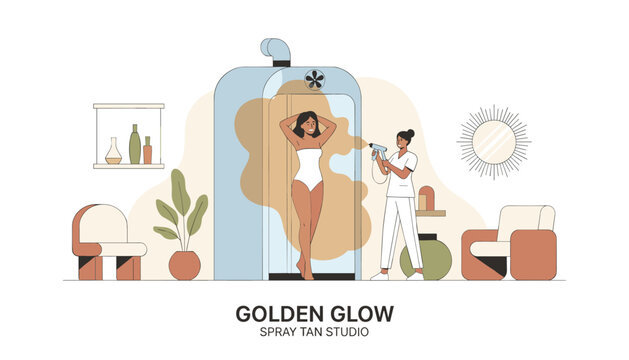 Client inside a tanning booth receiving a professional sunless spray tan application at the Golden Glow studio.