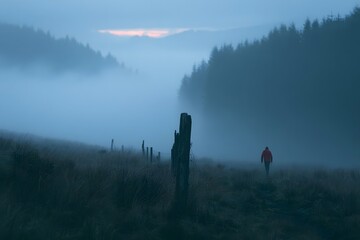 Fototapeta premium Foggy pine valley at blue hour with weathered fence post