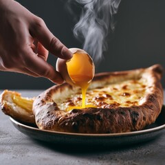 Fototapeta premium Cracked eggshell above khachapuri bread with melted cheese