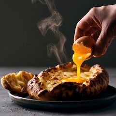 Fototapeta premium Hand cracking egg into cheese-filled Georgian khachapuri boat