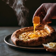 Fototapeta premium Georgian cheese bread boat with raw egg yolk and steam