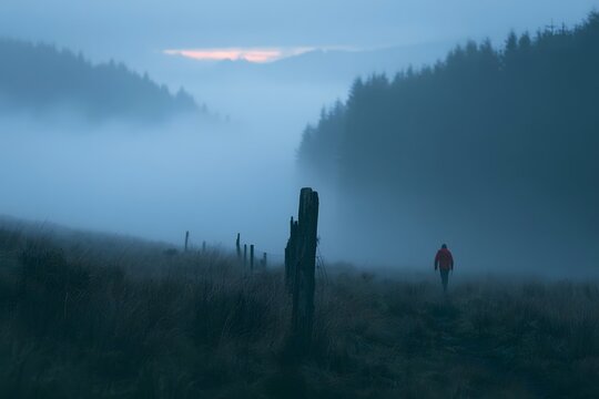 Foggy pine valley at blue hour with weathered fence post