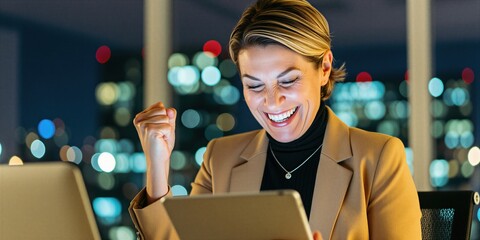 Plakat Happy businesswoman looks at tablet screen, celebrates successful project with fist pump gesture. Excited female pro sits in office during late night hours. Smiling lady gets good news on digital