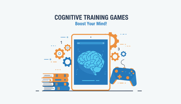 Informative marketing graphic for cognitive training games displaying a digital tablet with brain graphics and gamepad.