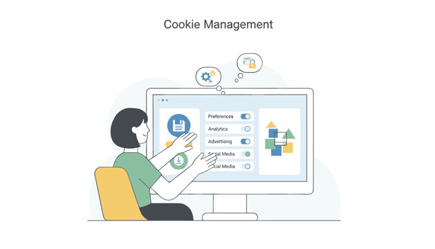 Technical professional woman managing digital website cookies and privacy preferences on her computer monitor.