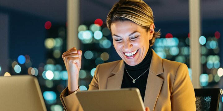 Happy businesswoman looks at tablet screen, celebrates successful project with fist pump gesture. Excited female pro sits in office during late night hours. Smiling lady gets good news on digital